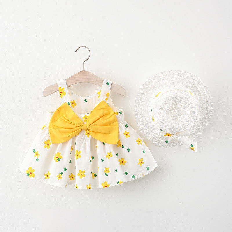 Oluuu. Sommerliches Kleid für Babys: Mädchen Kleid mit Druck und Schleifen-Trägern