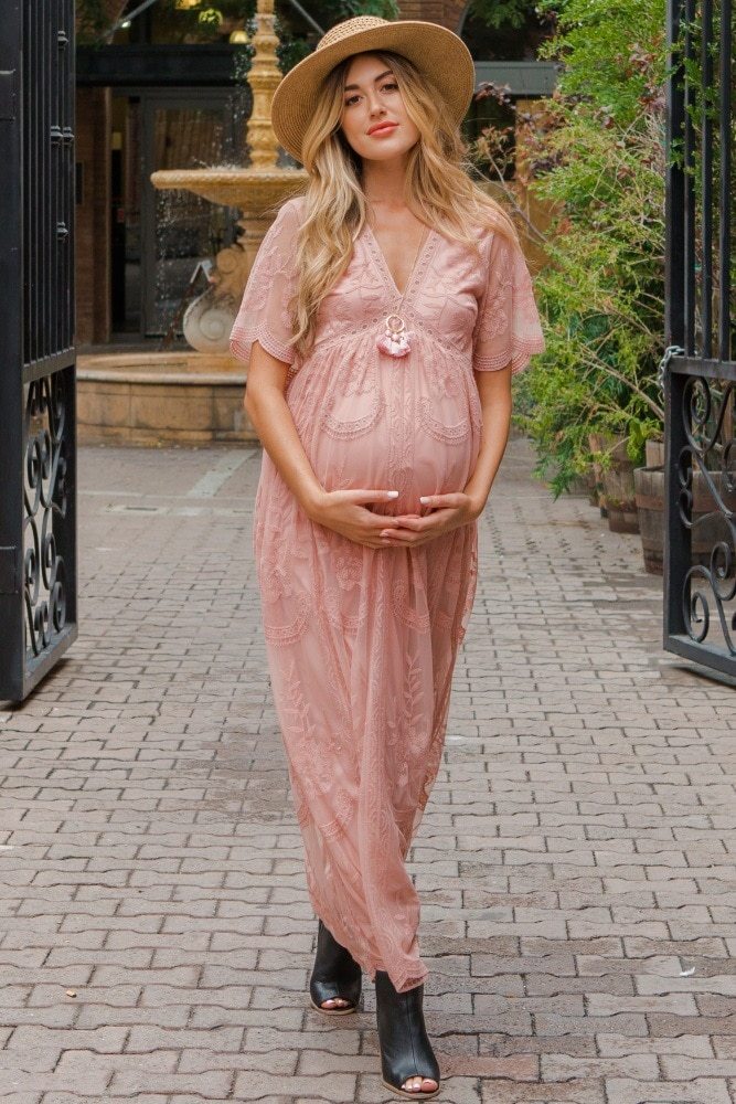 Oluuu. Schwangerschaftskleid für den Sommer, V-Ausschnitt, weiße Spitze, Kurzarm, Maxikleid für schwangere Frauen