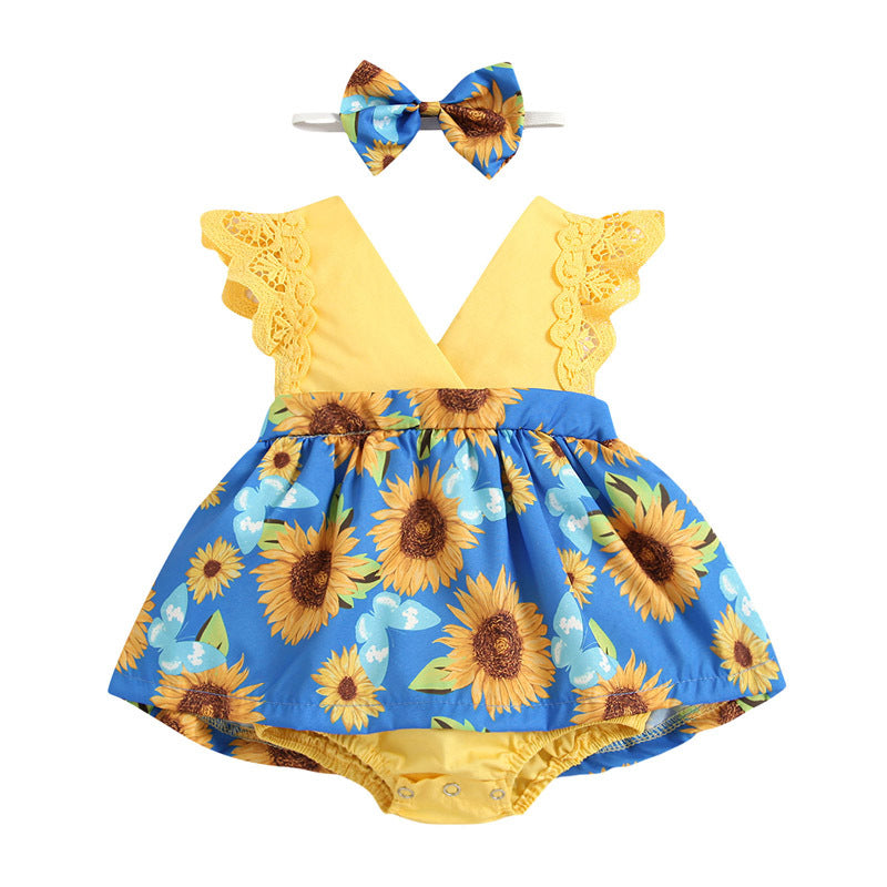 Oluuu. Neugeborenes Baby Rüschen-Sonnenblumen-Print Jumpsuit mit 2-teiligem Kopftuch – Sommerkleid für 0-24 Monate
