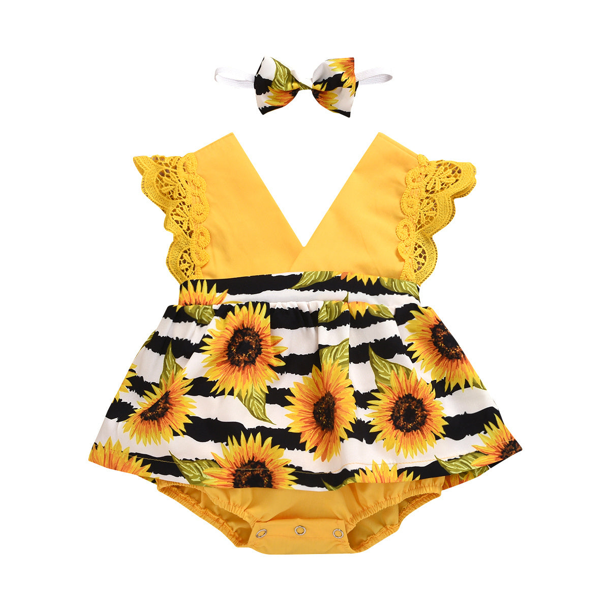 Oluuu. Neugeborenes Baby Rüschen-Sonnenblumen-Print Jumpsuit mit 2-teiligem Kopftuch – Sommerkleid für 0-24 Monate