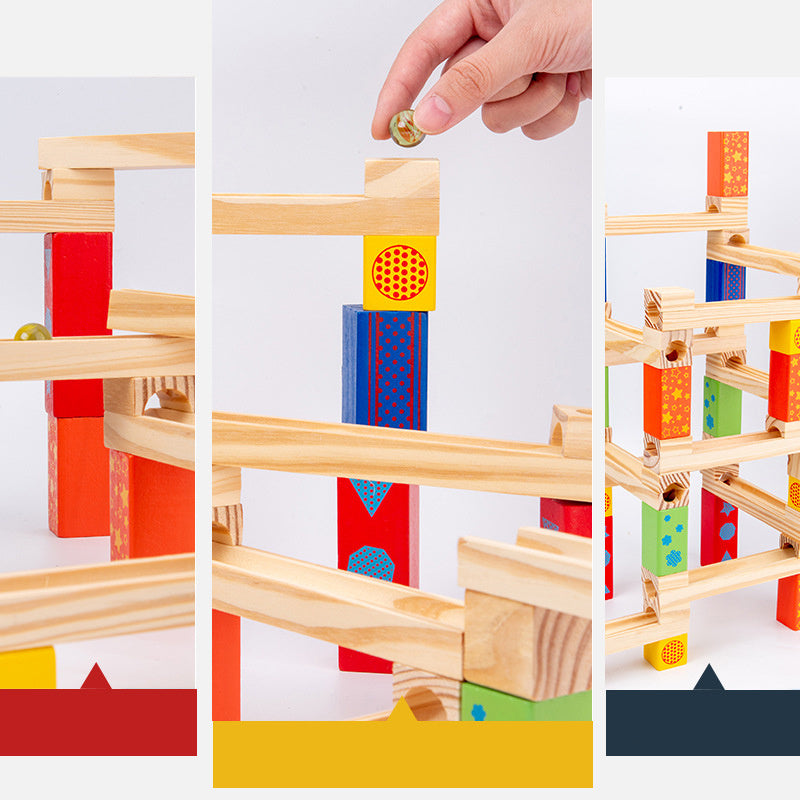 Oluuu. Bildungs-Spielzeug für Kinder – Eltern-Kind Ballbahn mit Rutschbahn, Holz-Bauklötze und Marmor-Stapelspiel