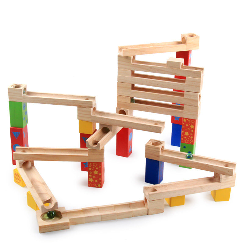 Oluuu. Bildungs-Spielzeug für Kinder – Eltern-Kind Ballbahn mit Rutschbahn, Holz-Bauklötze und Marmor-Stapelspiel