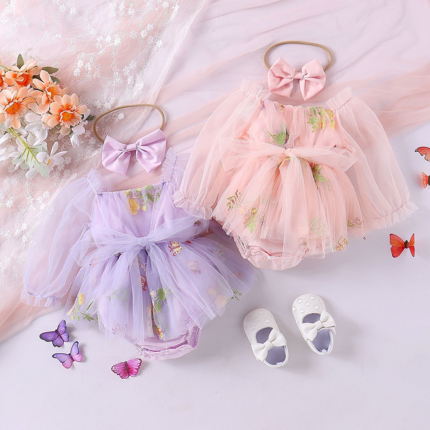 Oluuu. Baby Mädchen Jumpsuit – Langarm mit Netzblumenstickerei und Rock
