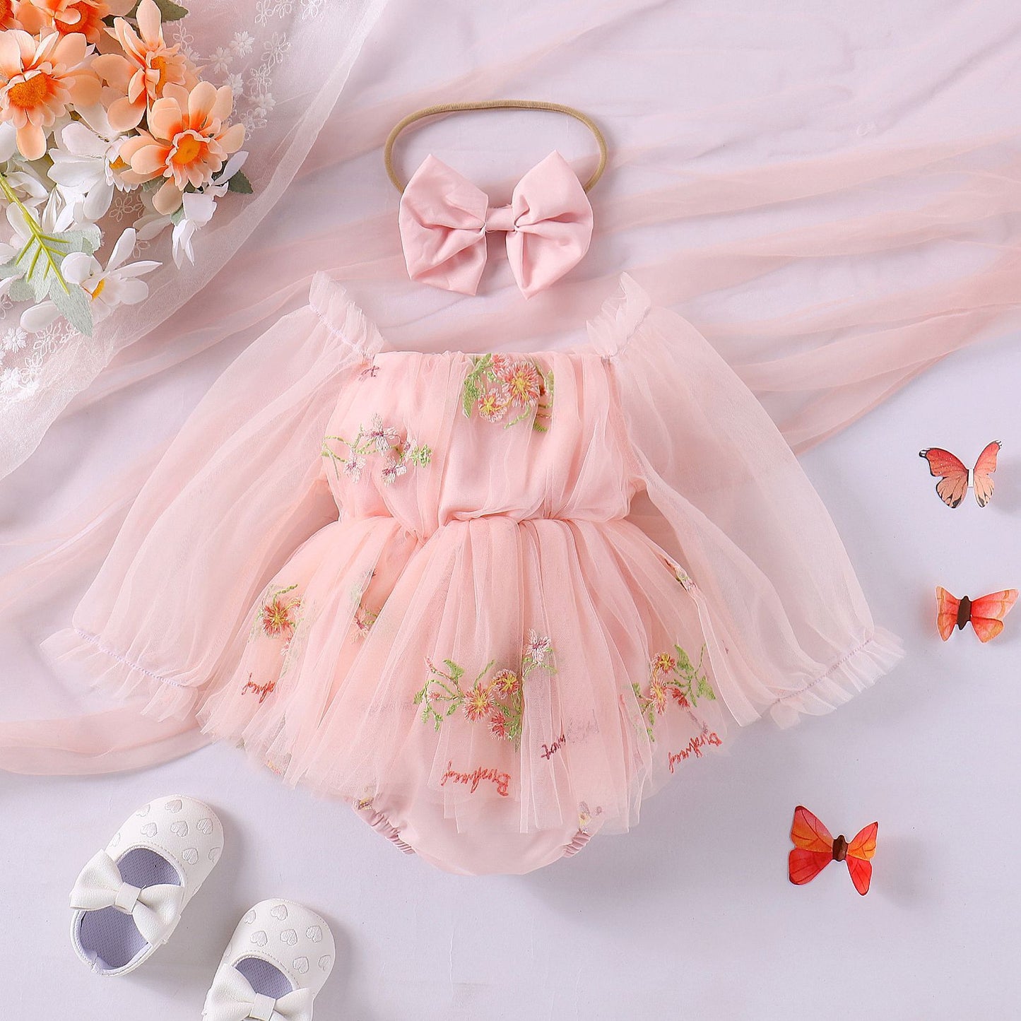 Oluuu. Baby Mädchen Jumpsuit – Langarm mit Netzblumenstickerei und Rock