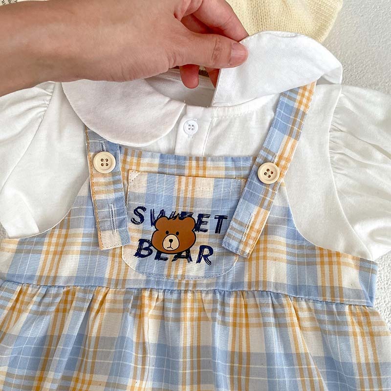 Oluuu. Baby Kurzarm Zwei-Teiler Romper – Dünnes Bärenkaromuster, Kletterbekleidung