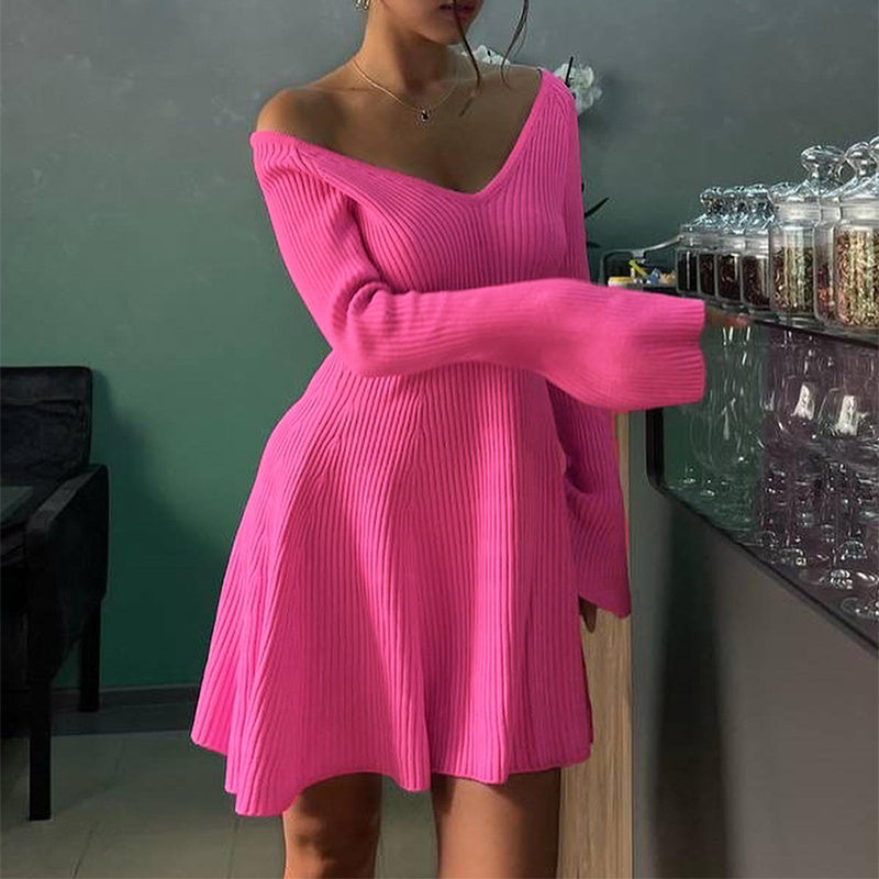 Oluuu V-Ausschnitt Strickkleid mit Rüschen & A-Linie