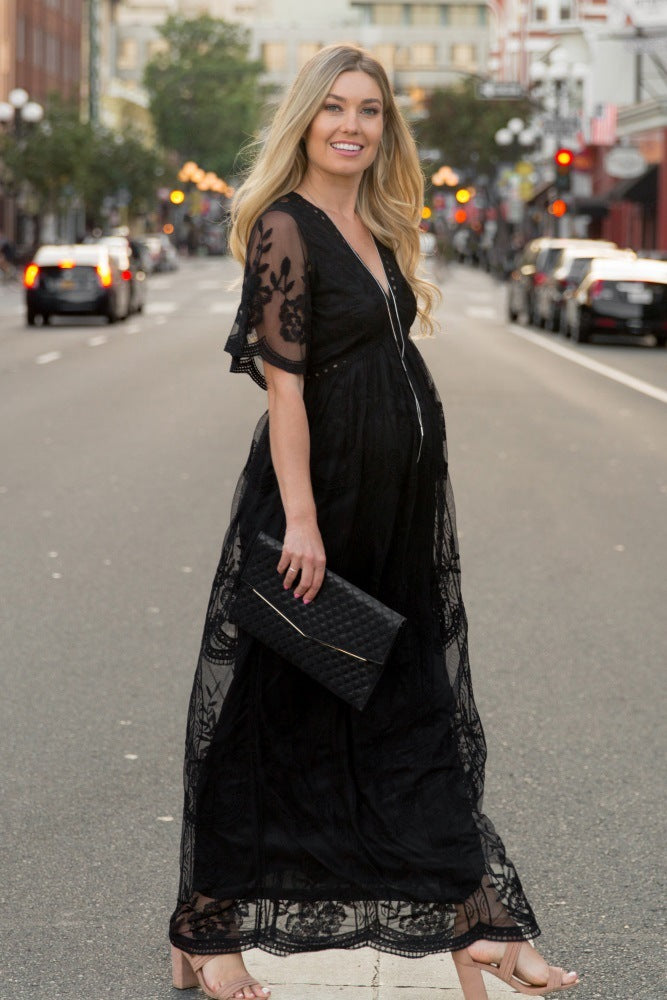 Oluuu. Schwangerschaftskleid für den Sommer, V-Ausschnitt, weiße Spitze, Kurzarm, Maxikleid für schwangere Frauen