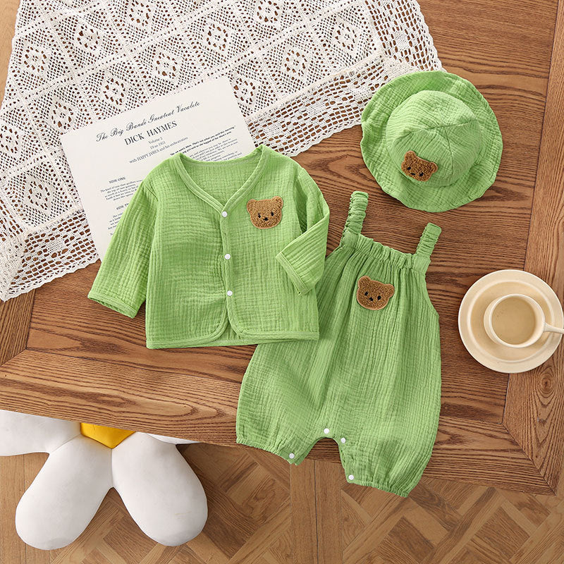 Oluuu. Baby Sommerkleidung: Dünne Gauze Trägerhose mit Kapuze