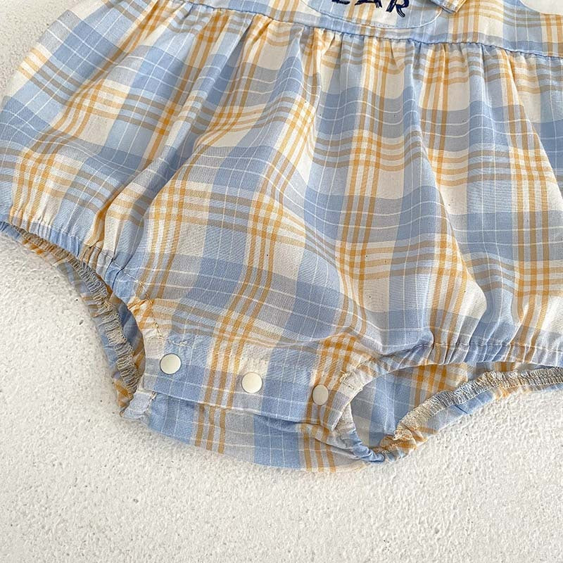 Oluuu. Baby Kurzarm Zwei-Teiler Romper – Dünnes Bärenkaromuster, Kletterbekleidung