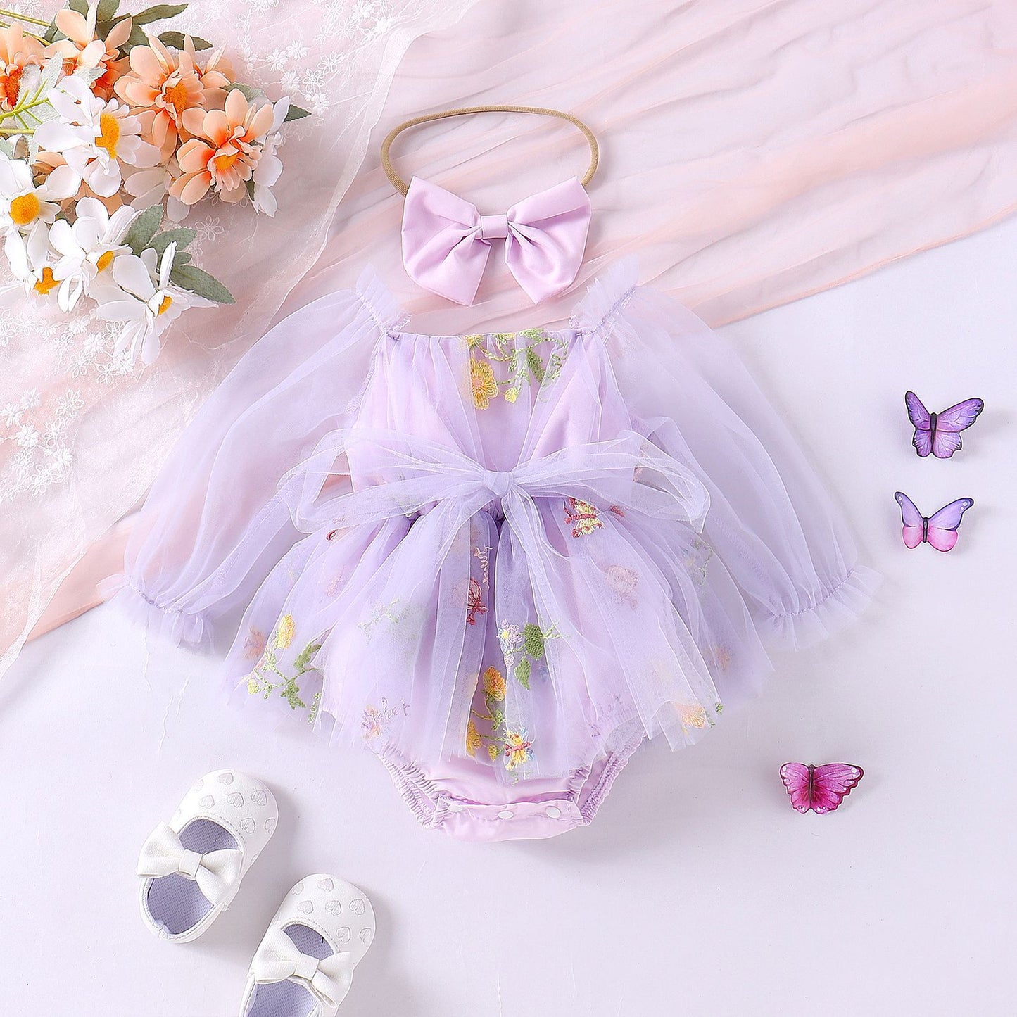Oluuu. Baby Mädchen Jumpsuit – Langarm mit Netzblumenstickerei und Rock