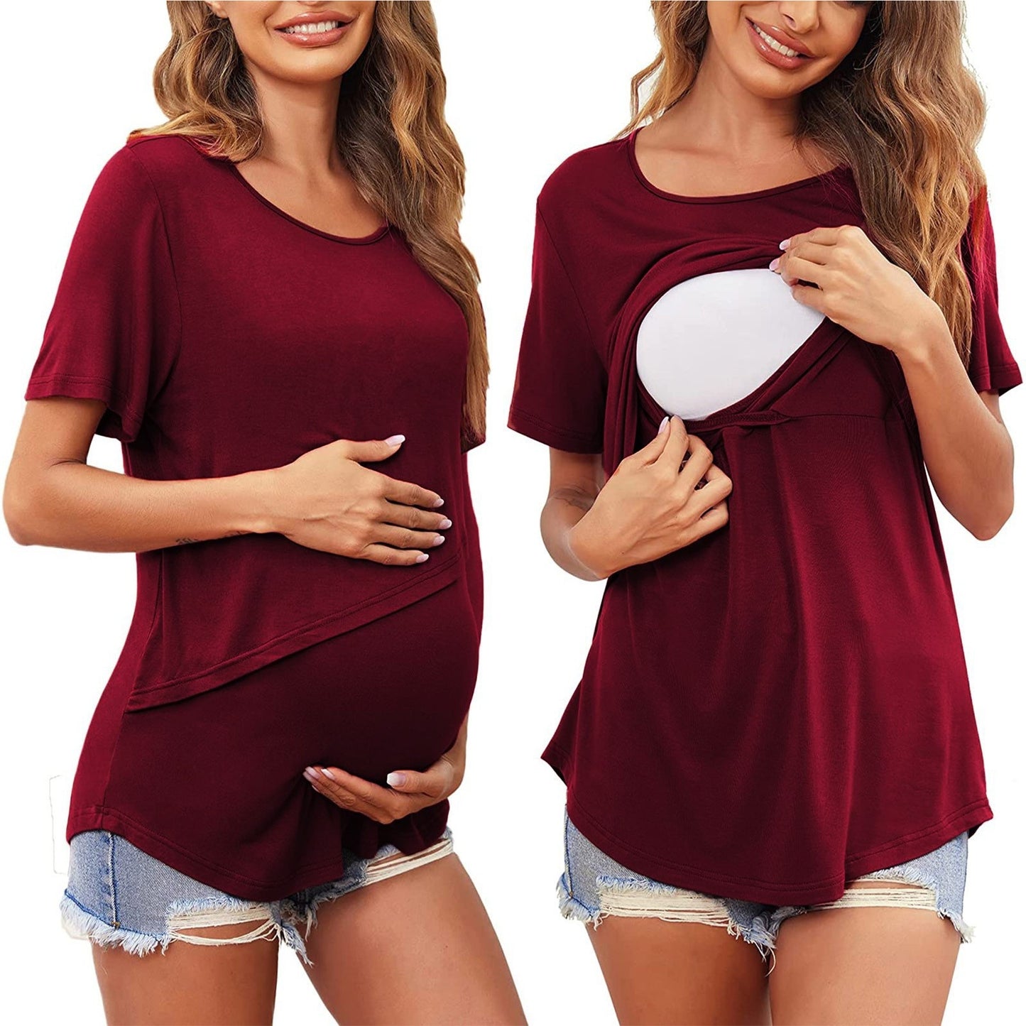 Oluuu. Schwangerschafts-Top für Stillen – Einfarbig, Rundhalsausschnitt, Kurzarm, Still- und Postpartum-T-Shirt