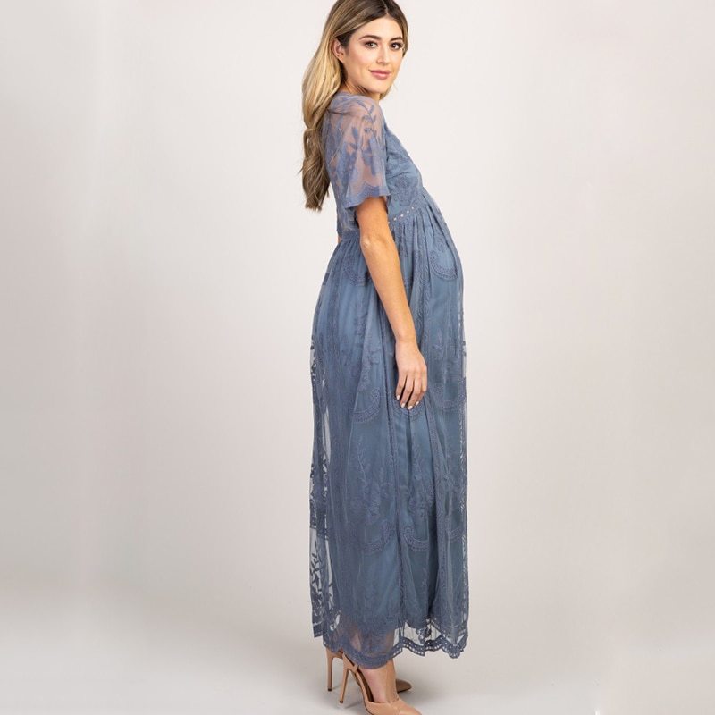 Oluuu. Schwangerschaftskleid für den Sommer, V-Ausschnitt, weiße Spitze, Kurzarm, Maxikleid für schwangere Frauen
