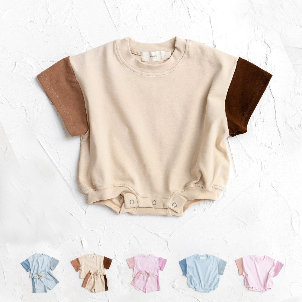 Oluuu. Baby Jungen Einfarbiger Jumpsuit mit Dreiecks-Stitching und Kurzarm