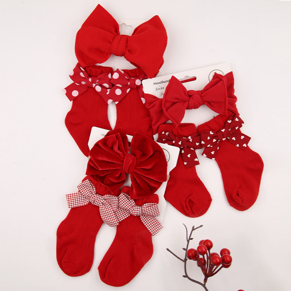 Oluuu. Baby Haarband und Socken Set – Weihnachts-Socken mit großem Schleifen-Design für Kinder