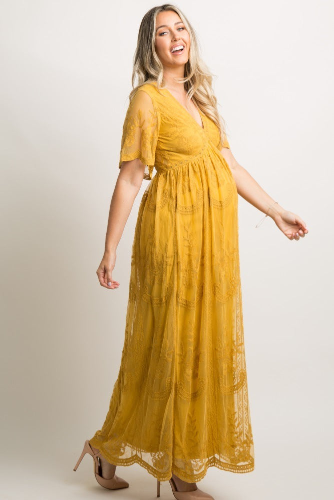 Oluuu. Schwangerschaftskleid für den Sommer, V-Ausschnitt, weiße Spitze, Kurzarm, Maxikleid für schwangere Frauen