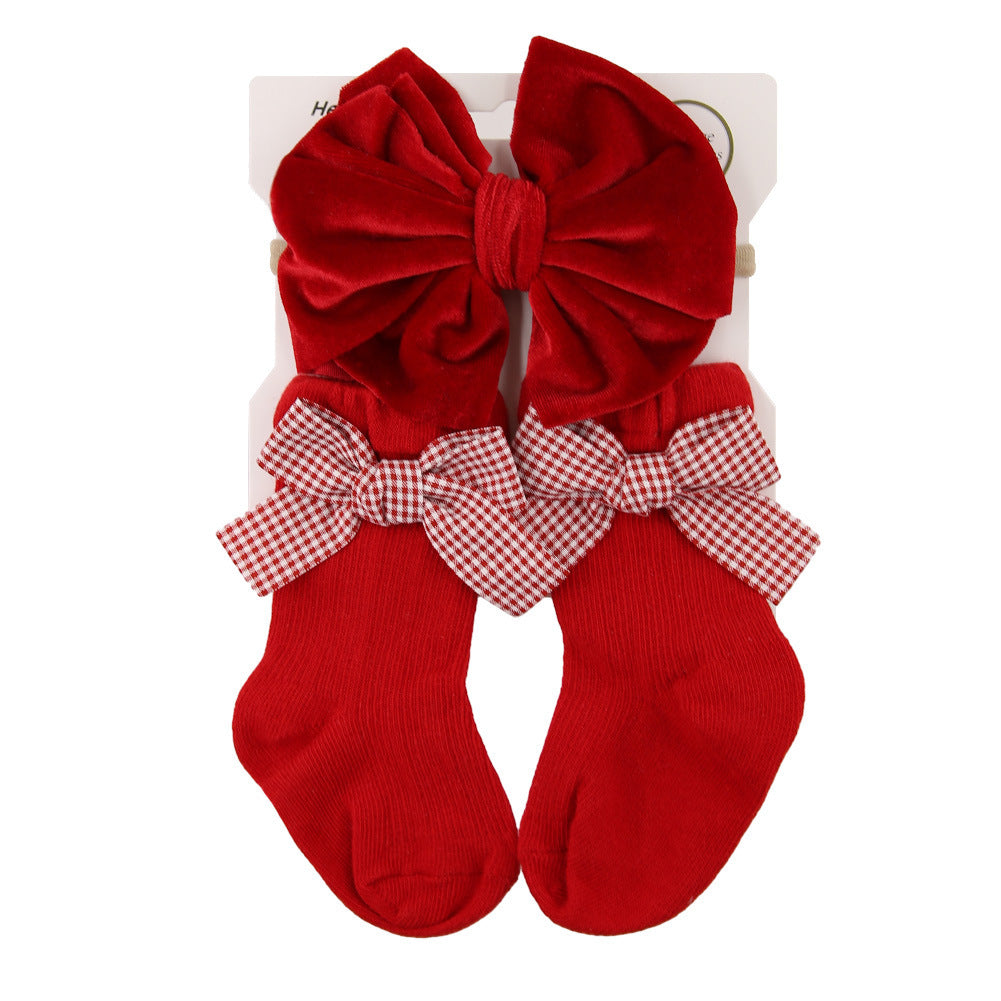 Oluuu. Baby Haarband und Socken Set – Weihnachts-Socken mit großem Schleifen-Design für Kinder
