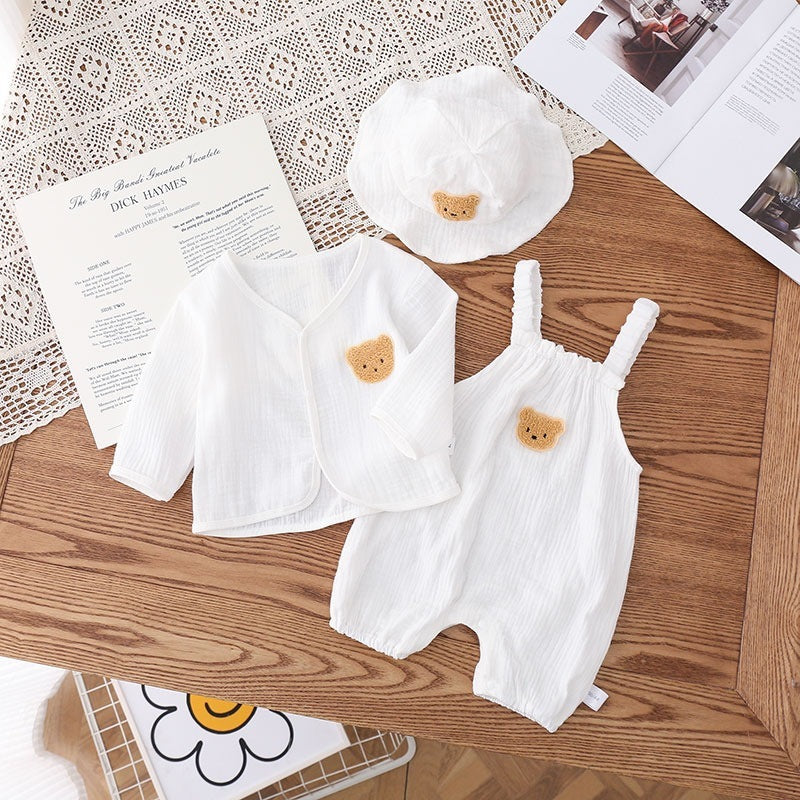 Oluuu. Baby Sommerkleidung: Dünne Gauze Trägerhose mit Kapuze