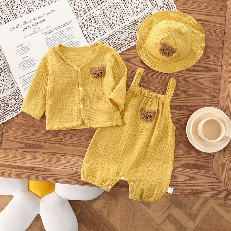 Oluuu. Baby Sommerkleidung: Dünne Gauze Trägerhose mit Kapuze