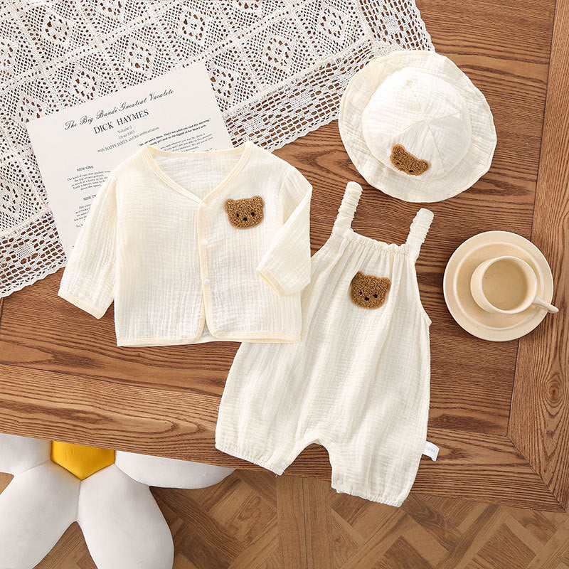 Oluuu. Baby Sommerkleidung: Dünne Gauze Trägerhose mit Kapuze