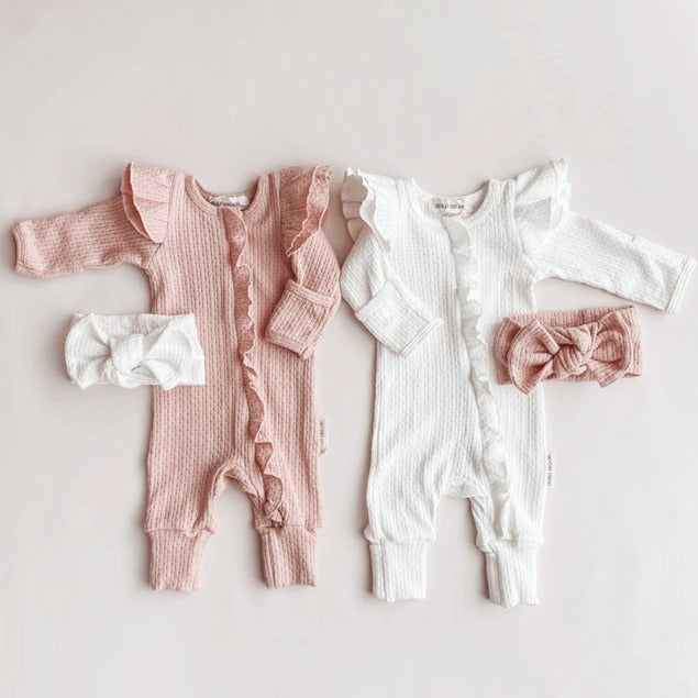 Oluuu. Mädchen Baby Strampler Langarm Gestrickter Stretch Waffelstrick Overall