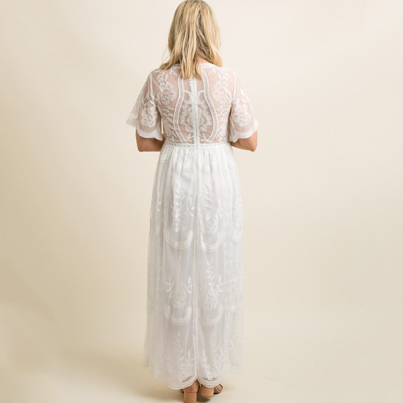 Oluuu. Schwangerschaftskleid für den Sommer, V-Ausschnitt, weiße Spitze, Kurzarm, Maxikleid für schwangere Frauen