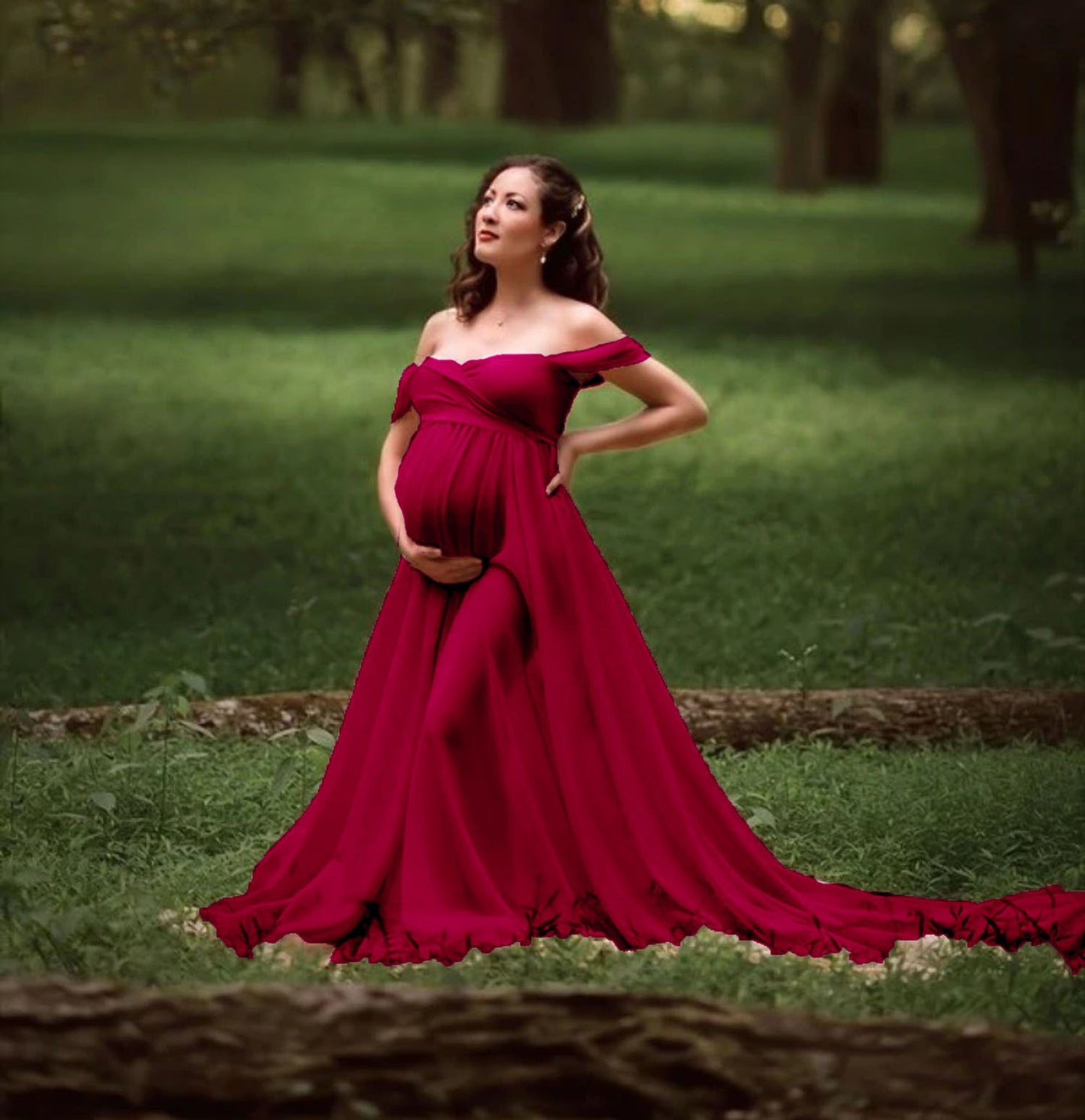 Oluuu. Schwangerschafts-Long Kleid mit schwingenden Ärmel-Enden