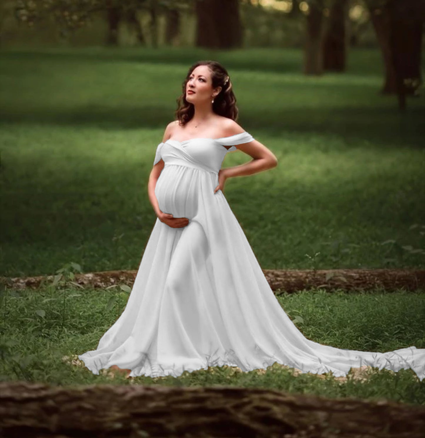 Oluuu. Schwangerschafts-Long Kleid mit schwingenden Ärmel-Enden