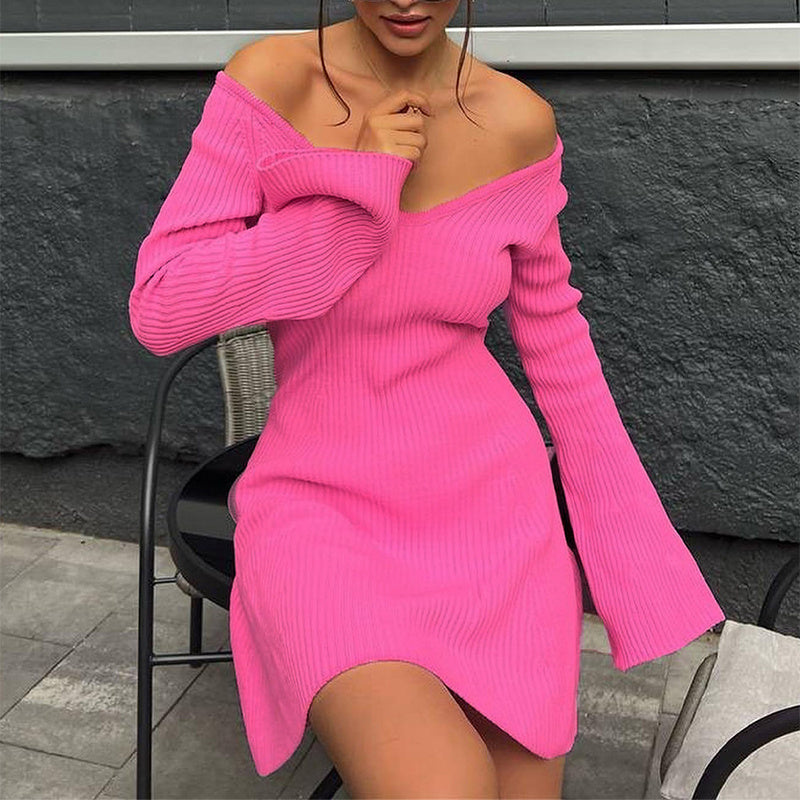 Oluuu V-Ausschnitt Strickkleid mit Rüschen & A-Linie