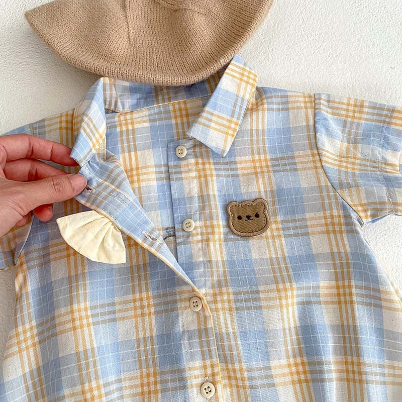 Oluuu. Baby Kurzarm Zwei-Teiler Romper – Dünnes Bärenkaromuster, Kletterbekleidung