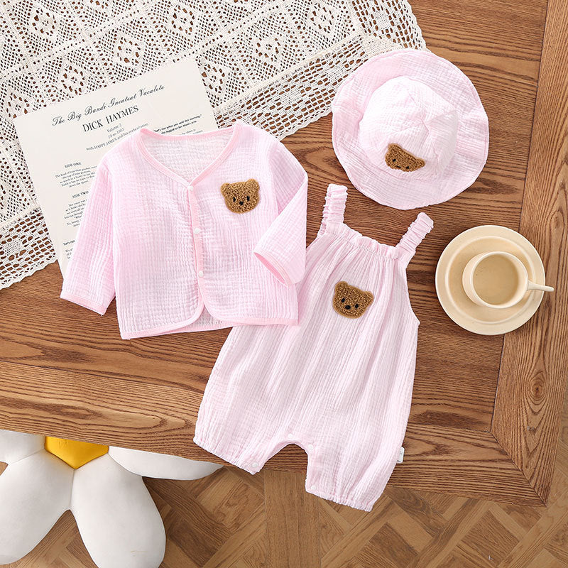 Oluuu. Baby Sommerkleidung: Dünne Gauze Trägerhose mit Kapuze