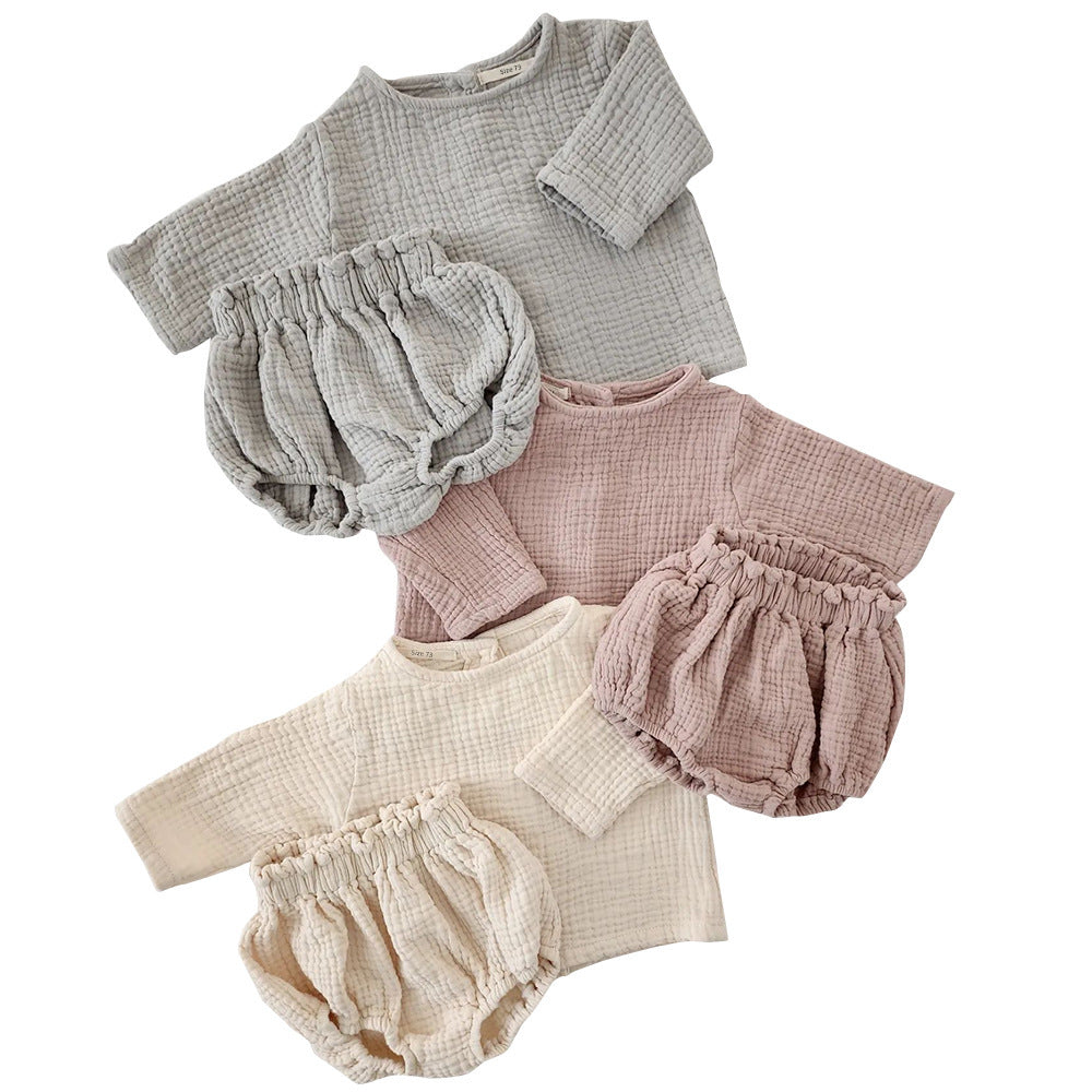 Oluuu. Neutrales Neugeborenes Baby Langarm Cardigan Shirt mit Shorts aus dünnem Baumwollgarn für Jungen und Mädchen