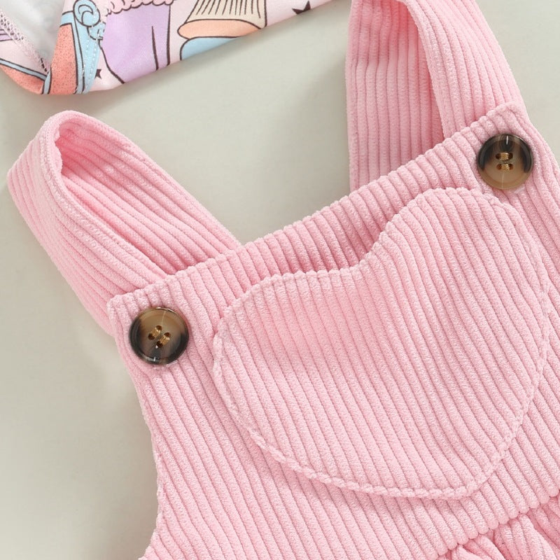 Oluuu. Baby Hosenträgerrock Outfit – Mädchen Print Top, Siamese Dreieck-Romper, Zwei-Teiler Cordrock