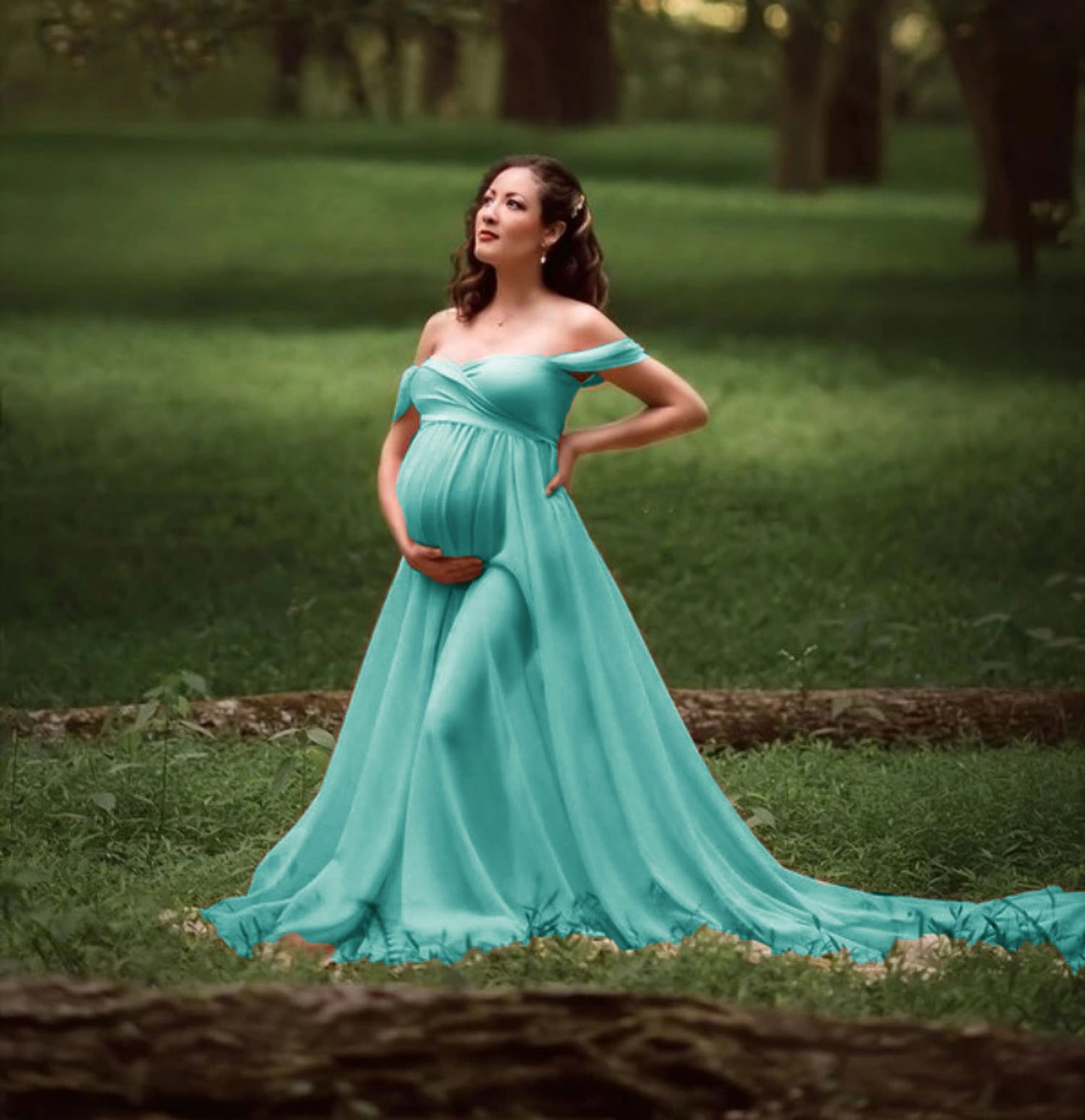 Oluuu. Schwangerschafts-Long Kleid mit schwingenden Ärmel-Enden