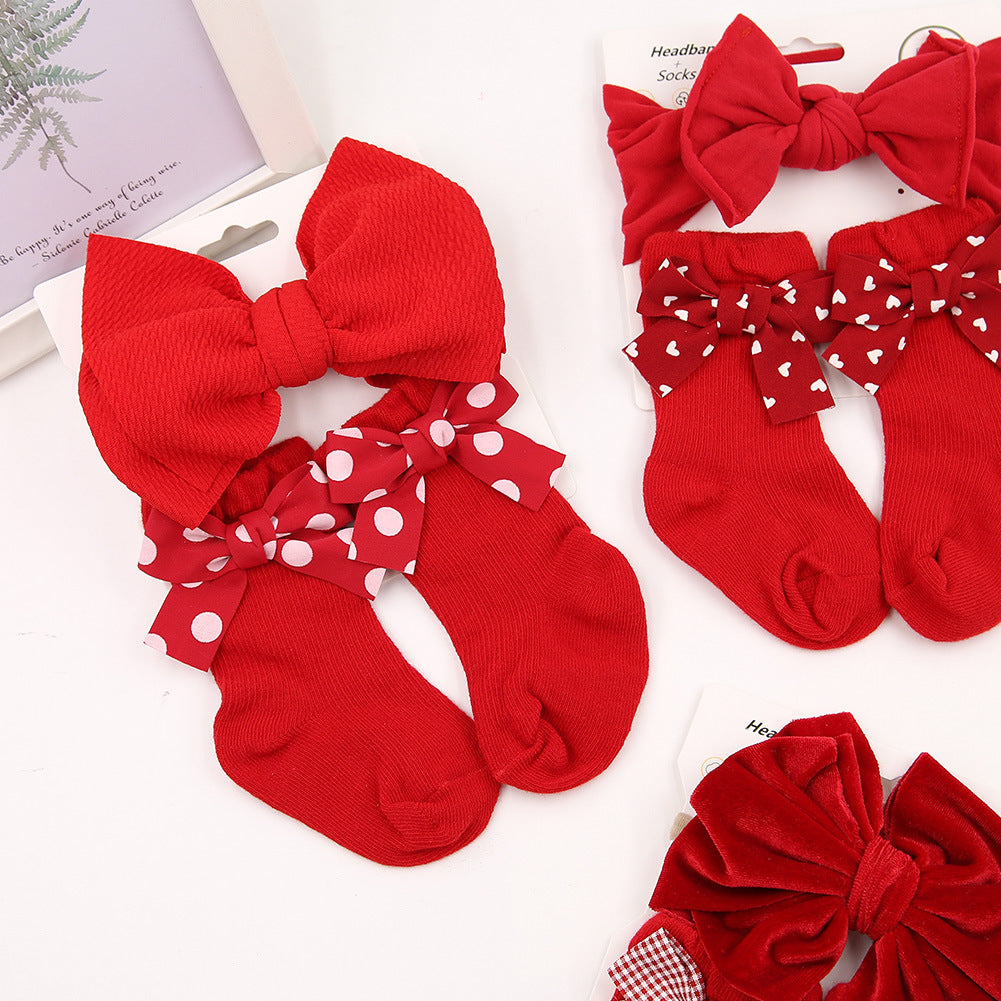 Oluuu. Baby Haarband und Socken Set – Weihnachts-Socken mit großem Schleifen-Design für Kinder