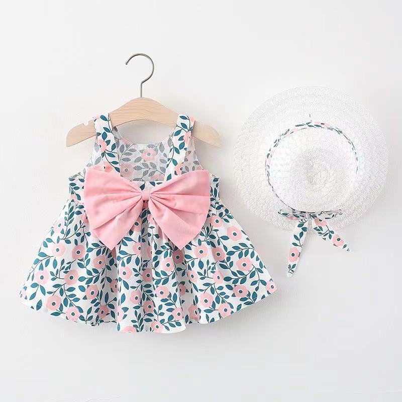 Oluuu. Sommerliches Kleid für Babys: Mädchen Kleid mit Druck und Schleifen-Trägern