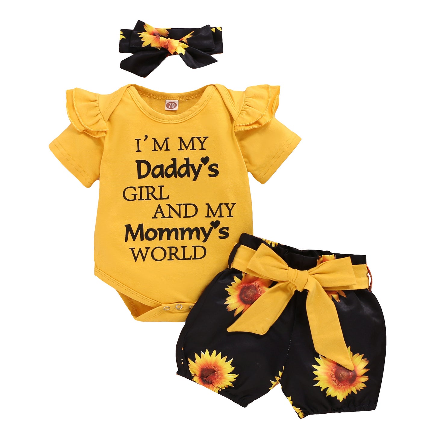 Oluuu. Niedliches Baby Drei-Teile-Set: Kurzarm-Shirt mit Buchstaben, Sonnenblumen-Shorts und Jacke