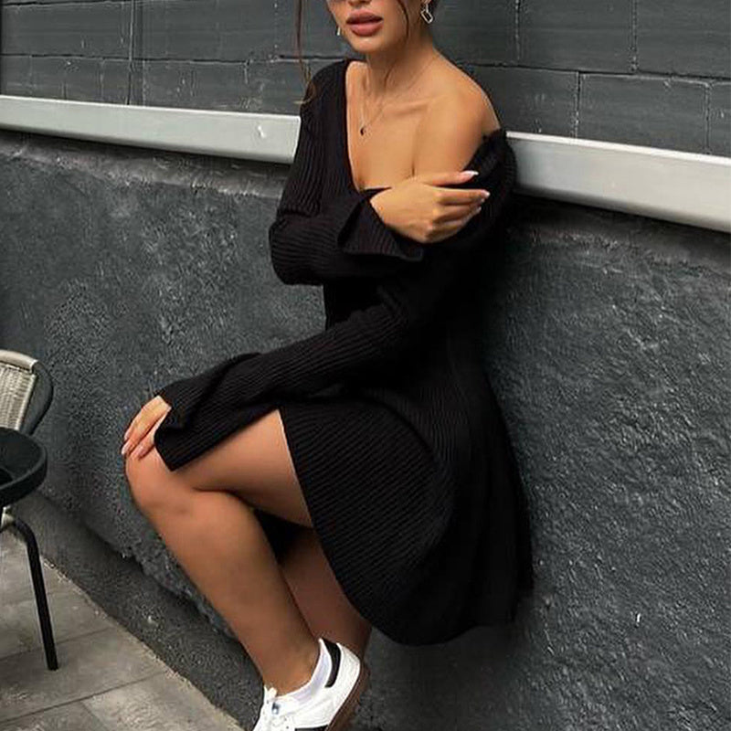 Oluuu V-Ausschnitt Strickkleid mit Rüschen & A-Linie