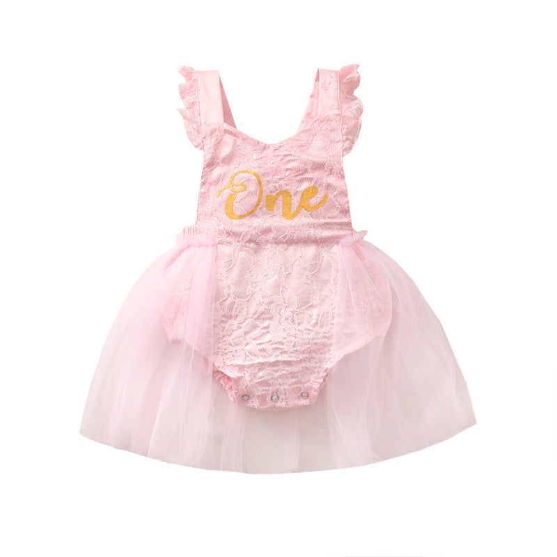 Oluuu. Baby Romper mit Rüschensaum, Spitzen- und Mesh-Verarbeitung, florales Printdesign
