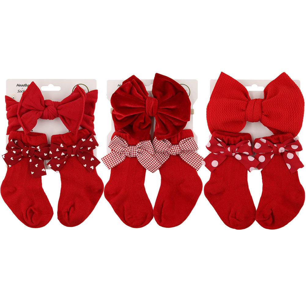 Oluuu. Baby Haarband und Socken Set – Weihnachts-Socken mit großem Schleifen-Design für Kinder