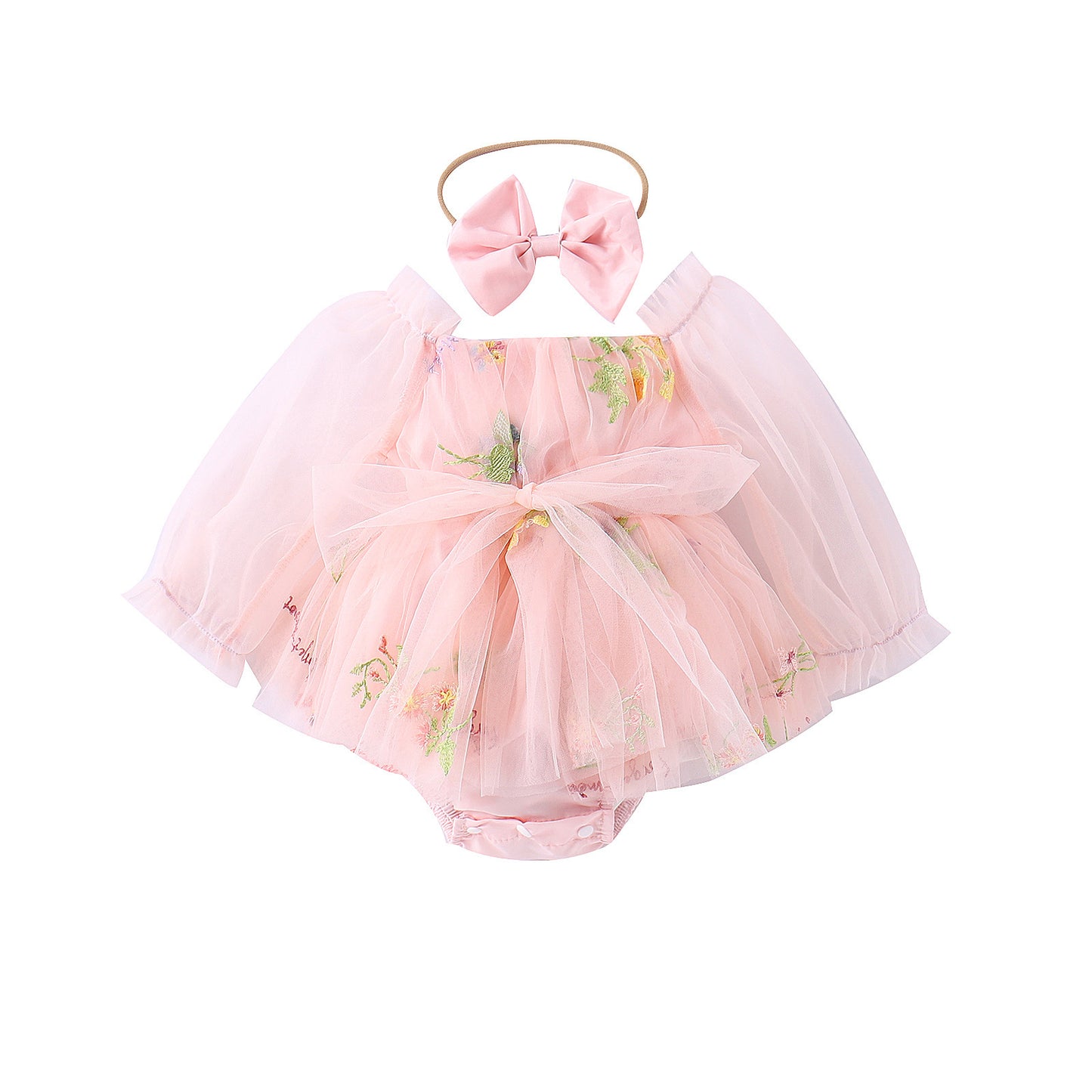 Oluuu. Baby Mädchen Jumpsuit – Langarm mit Netzblumenstickerei und Rock