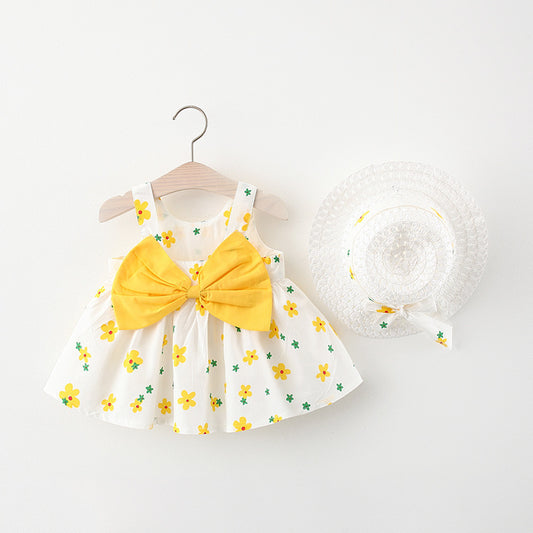 Oluuu. Sommerliches Kleid für Babys: Mädchen Kleid mit Druck und Schleifen-Trägern