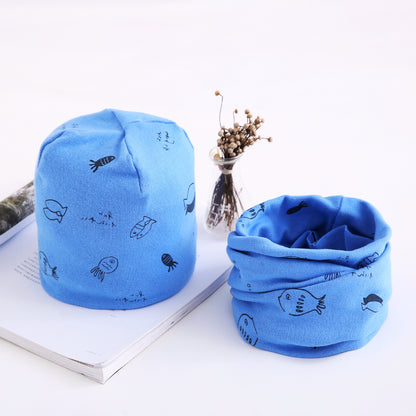 Oluuu. Neuheit Herbst- und Winterset – Baby Baumwoll-Bandana mit Mütze im Zwei-Teiler-Set, Kinder-Accessoires im Großhandel, Kleine Fische