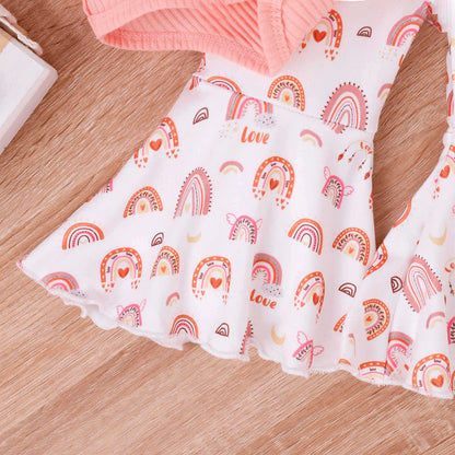 Oluuu. Baby Mädchen Sommer Outfit mit Schleifen-Trägern, V-Ausschnitt, Kurzarm-Einteiler und bedruckten Glocken-Jeans