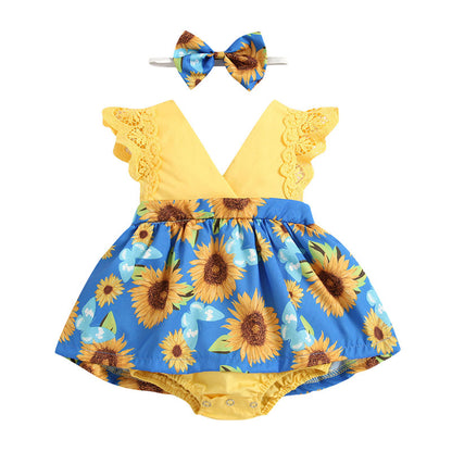 Oluuu. Neugeborenes Baby Rüschen-Sonnenblumen-Print Jumpsuit mit 2-teiligem Kopftuch – Sommerkleid für 0-24 Monate