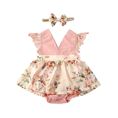 Oluuu. Neugeborenes Baby Rüschen-Sonnenblumen-Print Jumpsuit mit 2-teiligem Kopftuch – Sommerkleid für 0-24 Monate