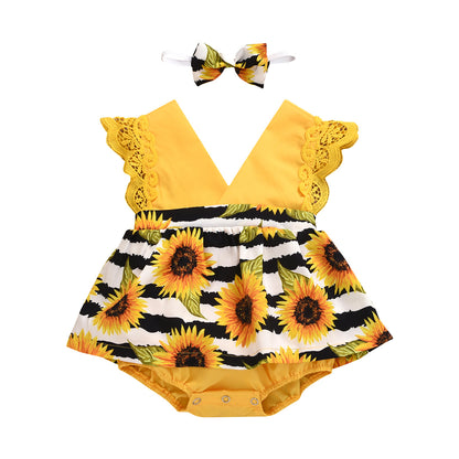 Oluuu. Neugeborenes Baby Rüschen-Sonnenblumen-Print Jumpsuit mit 2-teiligem Kopftuch – Sommerkleid für 0-24 Monate