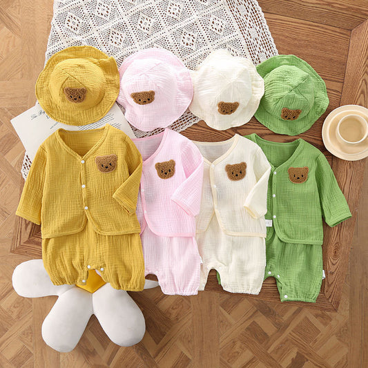 Oluuu. Baby Sommerkleidung: Dünne Gauze Trägerhose mit Kapuze