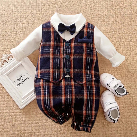 Oluuu. Baby Jungen Gentleman Jumpsuit – Frühlings- und Herbstmode mit Karomuster und Fake-Weste