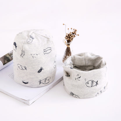Oluuu. Neuheit Herbst- und Winterset – Baby Baumwoll-Bandana mit Mütze im Zwei-Teiler-Set, Kinder-Accessoires im Großhandel, Kleine Fische
