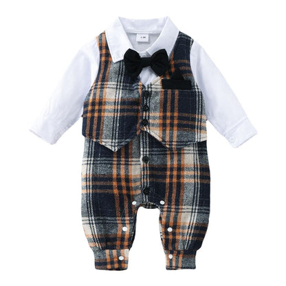 Oluuu. Baby Jungen Gentleman Jumpsuit – Frühlings- und Herbstmode mit Karomuster und Fake-Weste